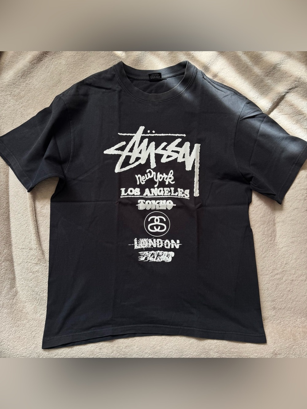 Stussy Black Tee with White Script City Logo
